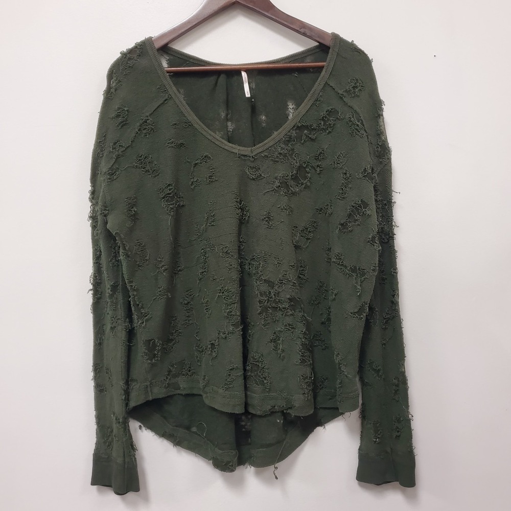 Free People Fairy Grunge Top Size M Green Distressed Long Sleeve Whimsigoth